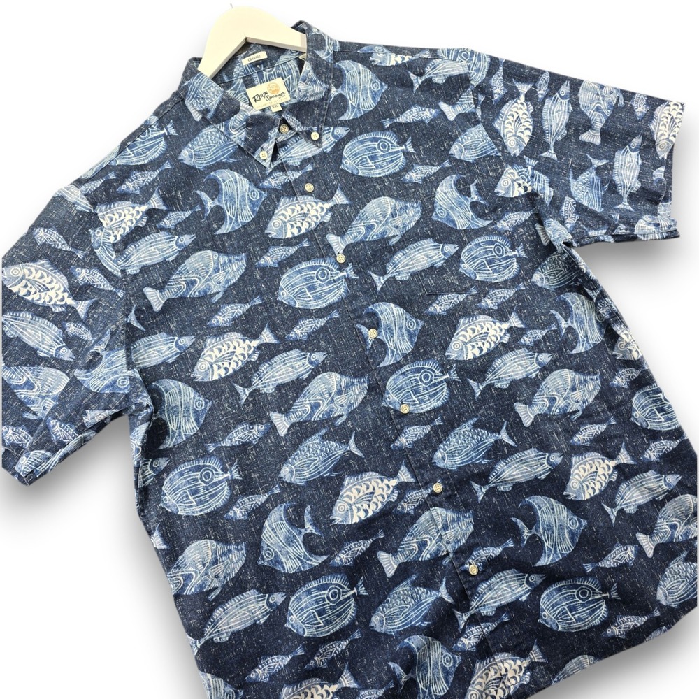 Reyn Spooner Mens 2XL Blue Fish Print Cotton Blend Short Sleeve Aloha Shirt